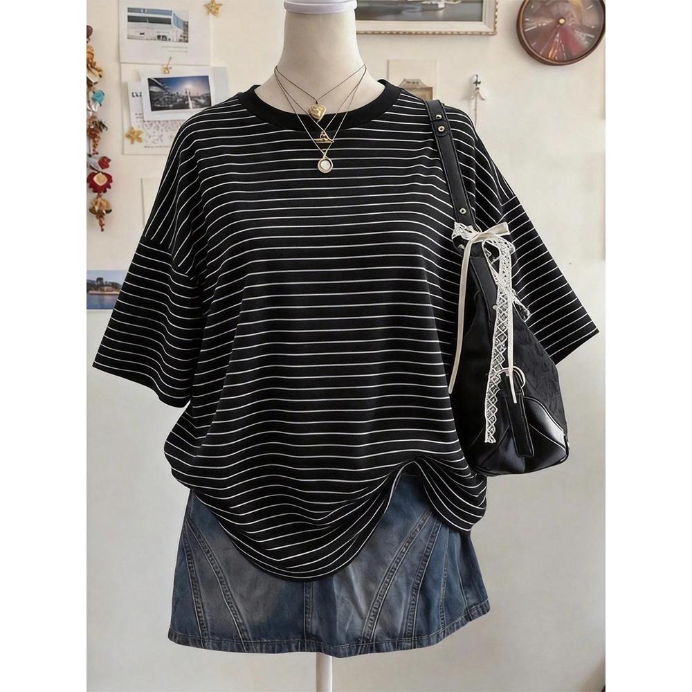New Y2K Striped Digital Print Casual Oversized Mid-Length Round Neck Drop Shoulder Women Tshirt Street Fashion Casual Sports Top