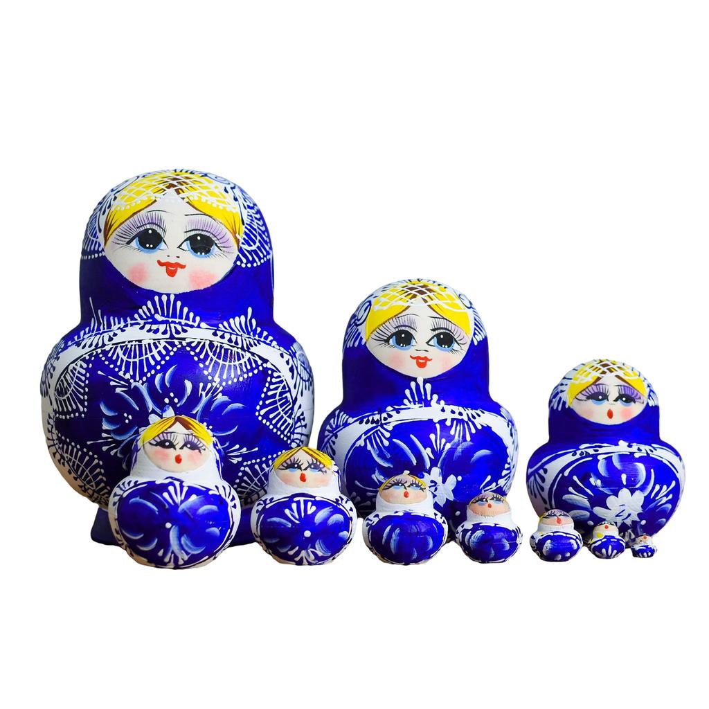 Russian Nesting Dolls 10 Pieces Hand Painted Toy Blue and White Porcelain Theme Traditional Russian Stacking Dolls