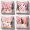 4pcs Modern Christmas House Throw Pillow Covers Pink Golden Snow Scene Cushion Cases Double-Sided Printed, Zipper Closure Machine Washable Decorative