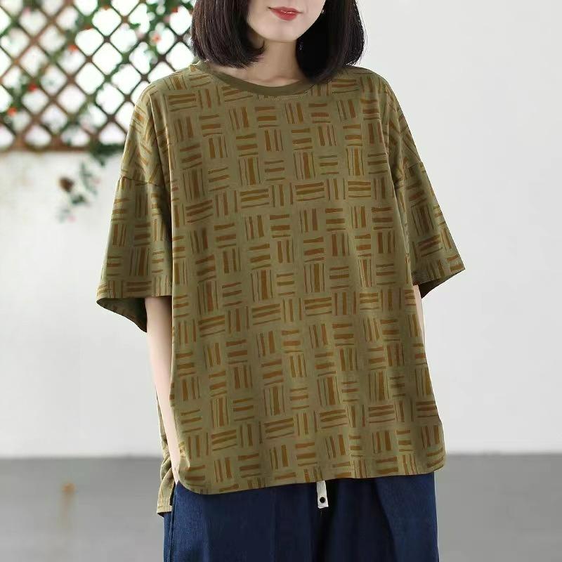 Baumwoll-Damen-T-Shirt mit kurzen Ärmeln in Übergröße Sommer Literarisch Retro Floral Tasche Dünnes Lockeres T-Shirt Damen