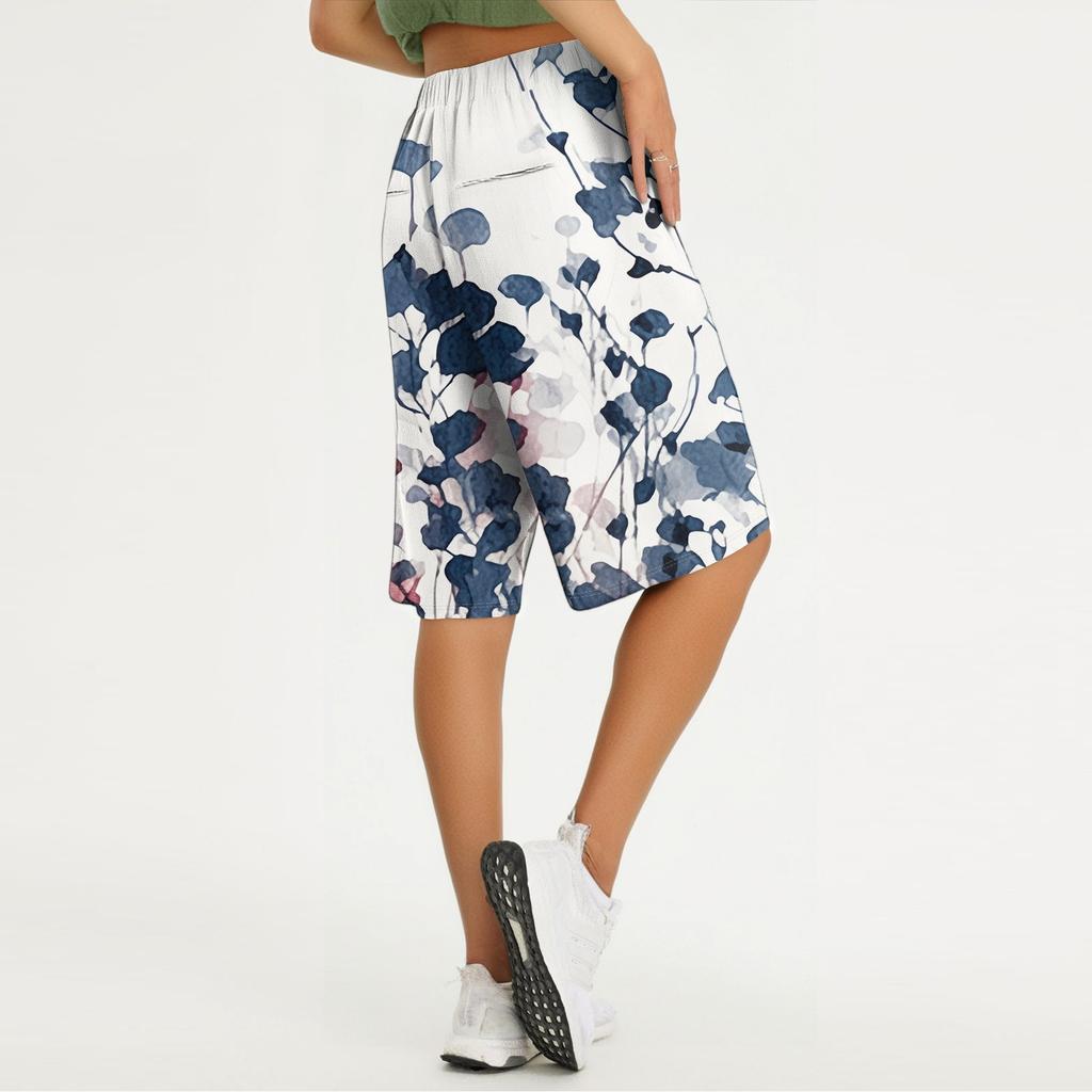 Damen Sommer Farbverlauf Floral Polka Dot Print Knielang Leicht Elastischer Bund Lässig Taschen Shorts