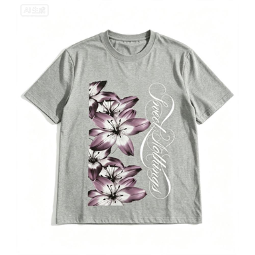 Unisex Y2k Black V Neck Slim T Shirt Purple Lily Floral Sweet Nothings Cursive Print Short Sleeve Casual Tops