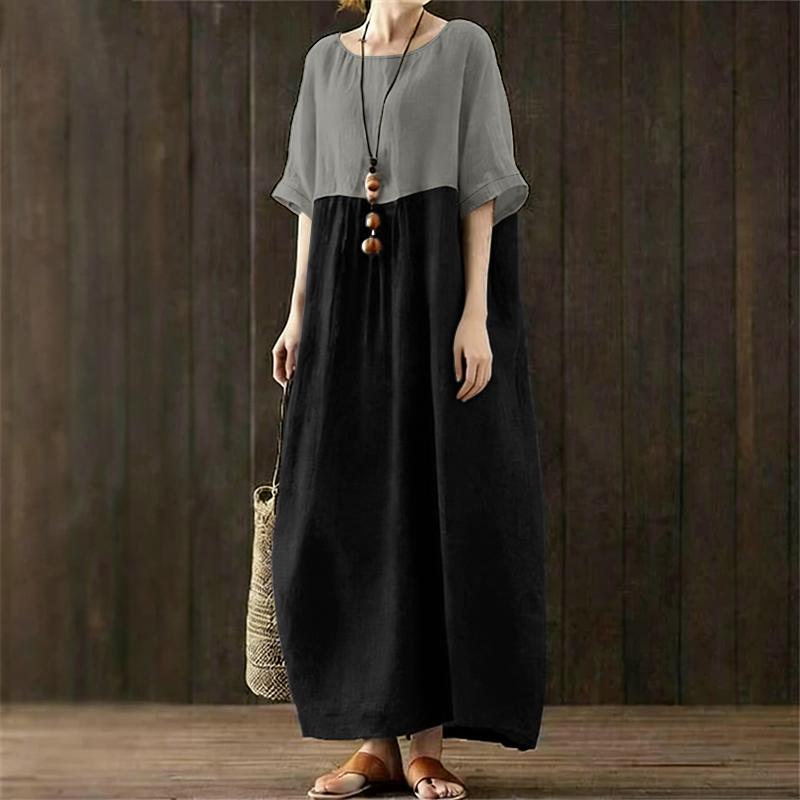 ZANZEA Women Casual Round Neck Half Sleeve Patchwork Long Dress