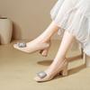 French thick heel light mouth single shoes spring and autumn red wedding shoes rhinestone square buckle nude square head high heels