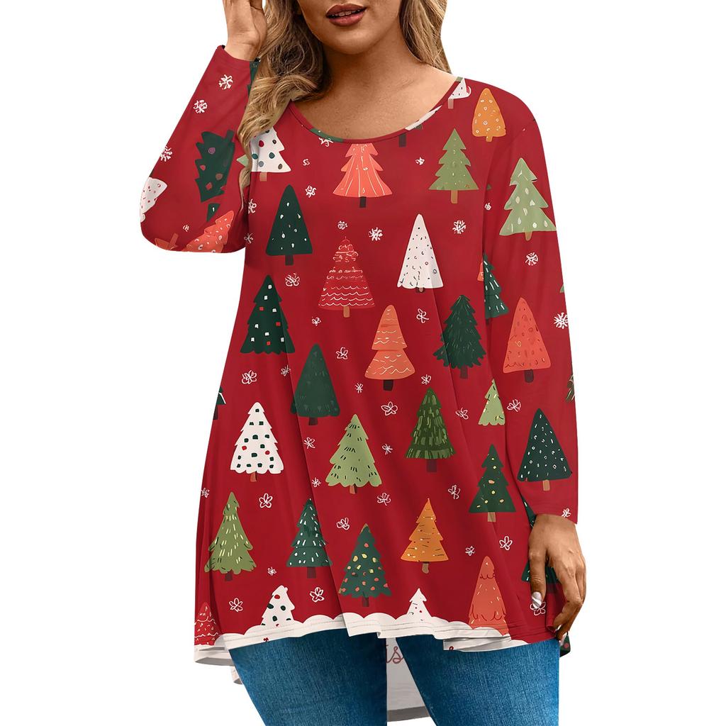 Women's Fashion Large Size Round Neck Long Sleeve Casual Christmas Print Loose Pullover Top