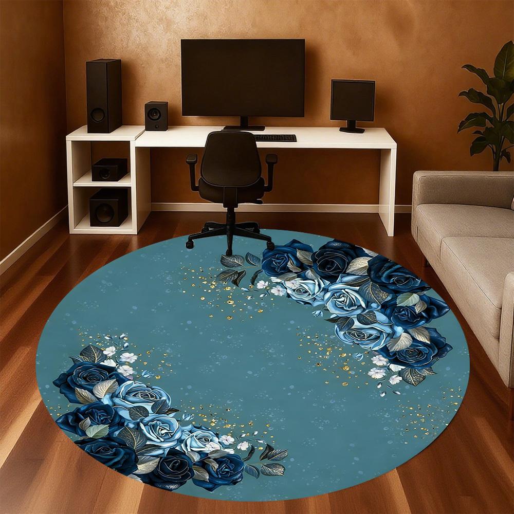 1pc Blue Roses Floral Round Chair mat office Area Rug - Non-Slip, Floor Mat for Office, Bedroom, and Indoor Decor p127247