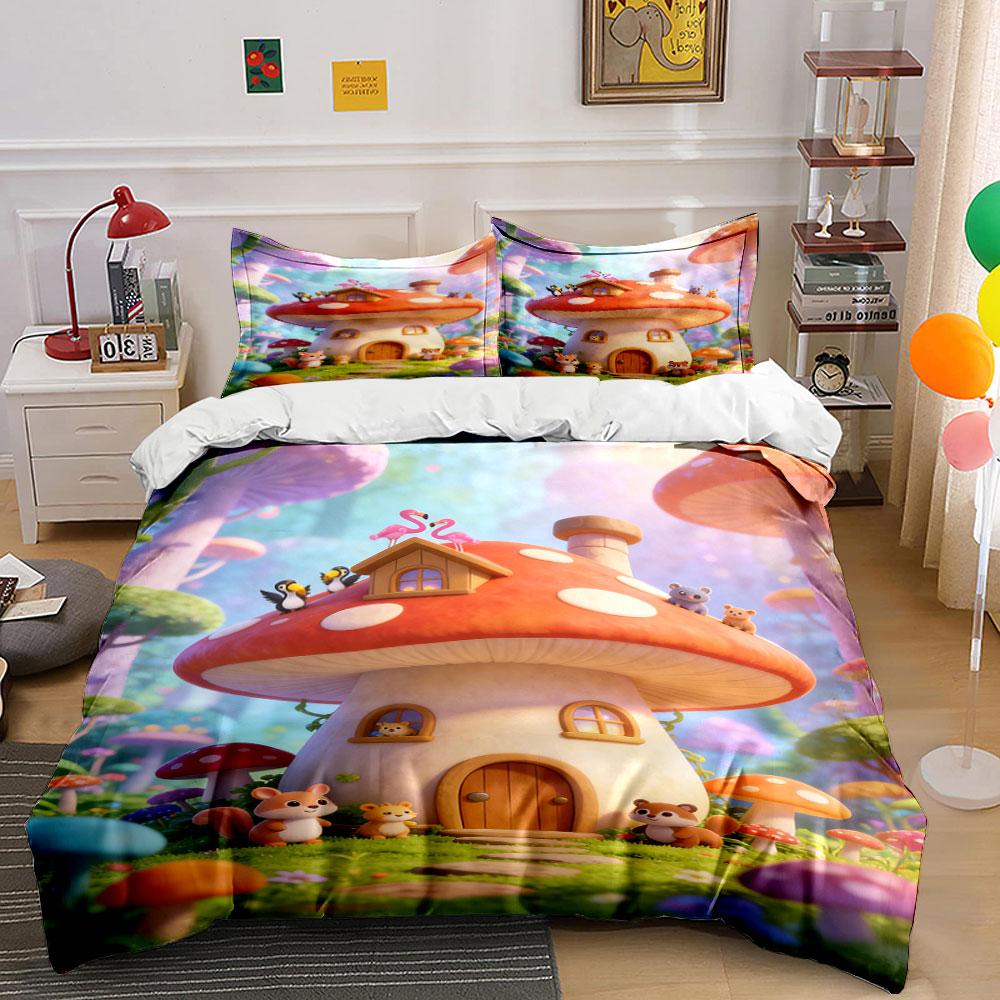 Mushroom House, Animals, Flamingos. Bedding Sets Duvet Cover Sets Duvet Covers Pillowcases(1* Duvet Cover 2* Pillowcases Without Duvet Insert)