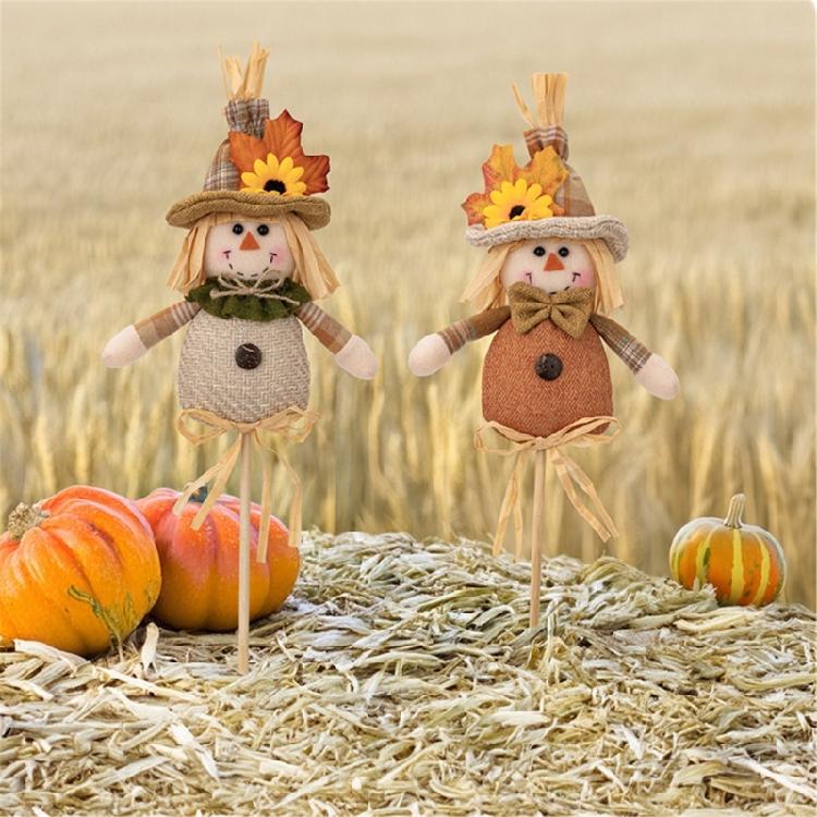 2Pcs Handmade Straw Scarecrow Stick Puppets Thanksgiving Theme Tabletop Display Statue Garden Straw Dolls Accessories