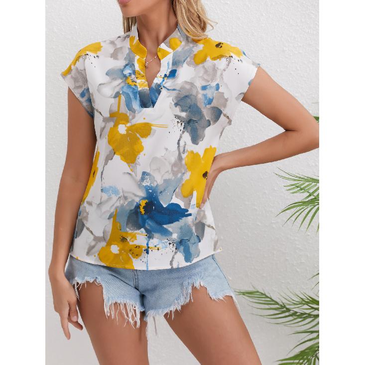2026 Spring/Summer Elegant V-neck Short-sleeve Women s Printed Loose T-shirt S