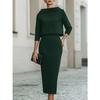 Completo Donna con Scollo ad Drappeggio e Manica a Tre Quarti, Gonna, Vestibilità Aderente, Elegante, Due Pezzi, Outfit Midi