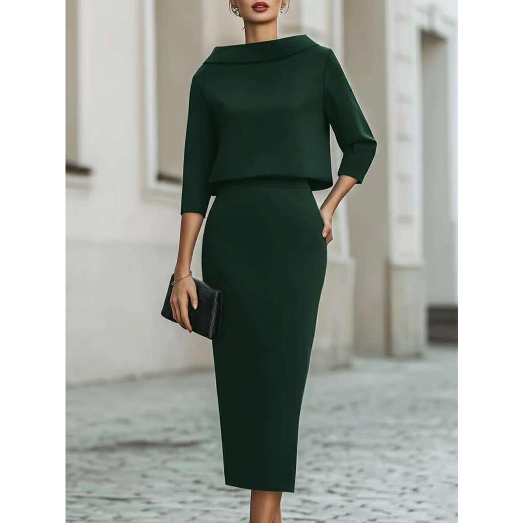 Completo Donna con Scollo ad Drappeggio e Manica a Tre Quarti, Gonna, Vestibilità Aderente, Elegante, Due Pezzi, Outfit Midi