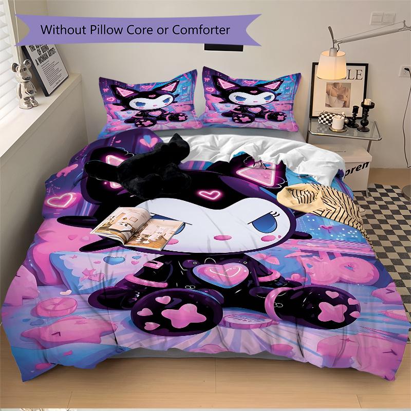 3pcs Night Adventure Kuromi Quilt Cover Set - Soft & Comfortable Polyester Fabric, All-Season Breathable Comforter Set For 1 Quilt Cover & 2 Pill