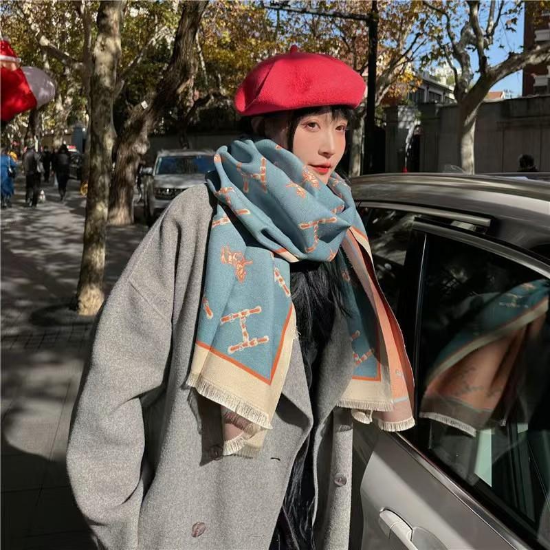 Premium Double-Sided Jacquard Houndstooth Scarf Wrap Women Winter Fall Warm Cotton Blend Shawl 185x70cm