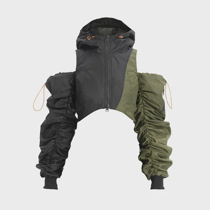 Herbstliche Off-Shoulder-Fliegerjacke mit Kontrastnähten und Kapuze mit Kordelzug