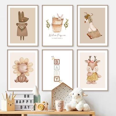 Rabbit Goose Bear Deer Flower Leaf Cartoon Wall Art Canvas Painting Nordic Posters And Prints Wall Pictures Baby Kids Room Decor No Frame