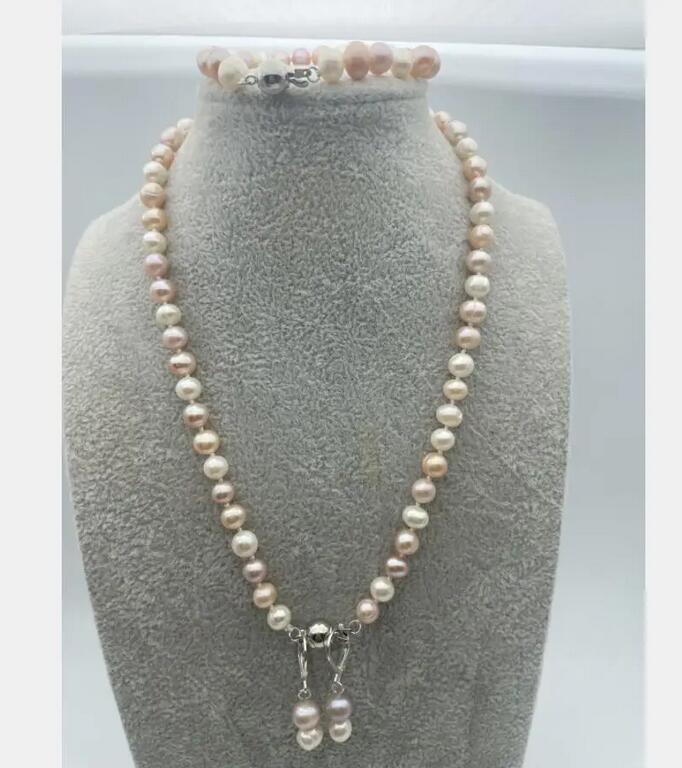 

Новый 7-8 мм белый, розовый, фиолетовый пресноводный жемчуг, ожерелье, браслет, серьги, набор