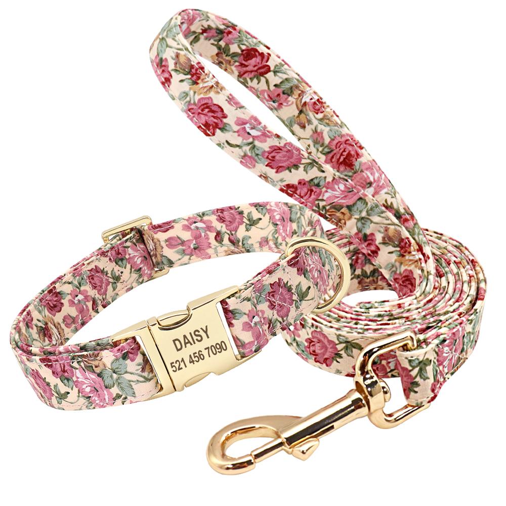 Personalized Dog Collar And Leash Set Nylon Dog Collars Floral Printed Pet Walking Leash Customized ID Tag For Medium Large Dogs