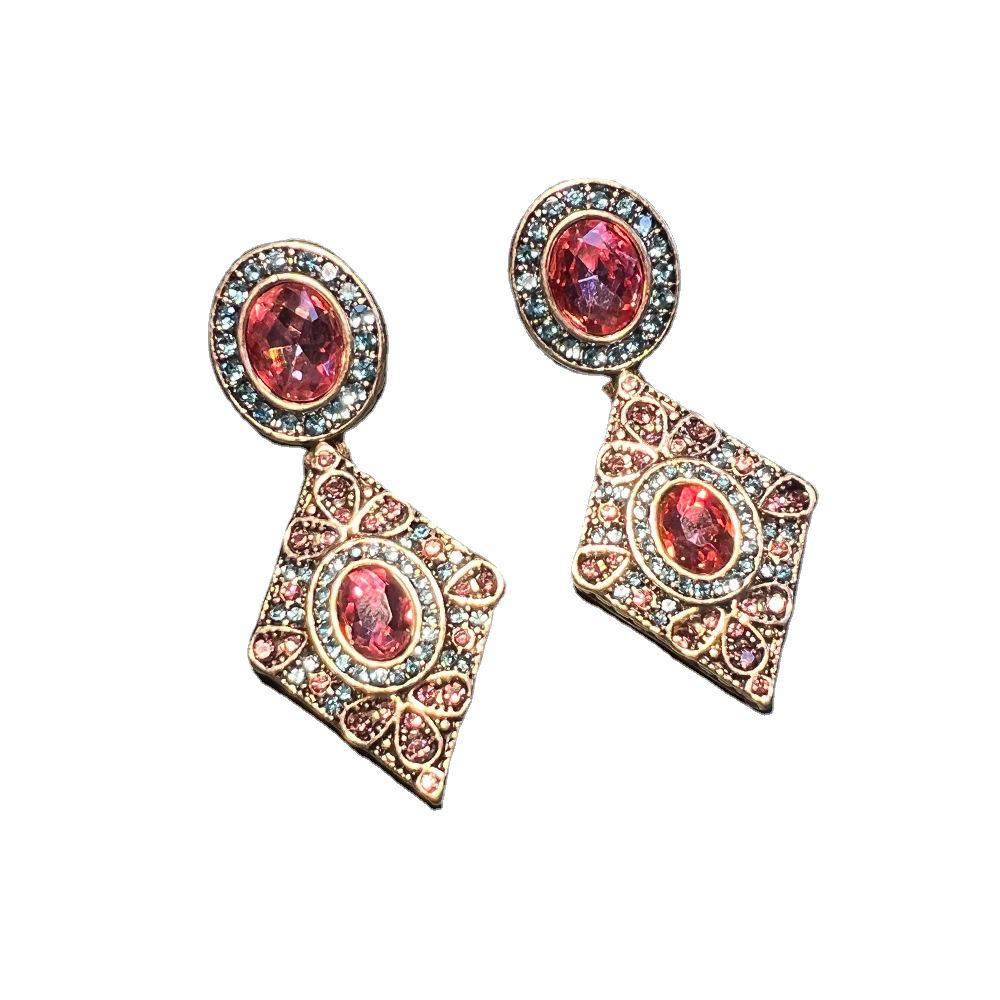 Pre-owned Vintage-style Earrings, Antiqued Bronze Plated with Real Gold, Zircon-studded, Marked for a High-end, Light Luxury Appeal.