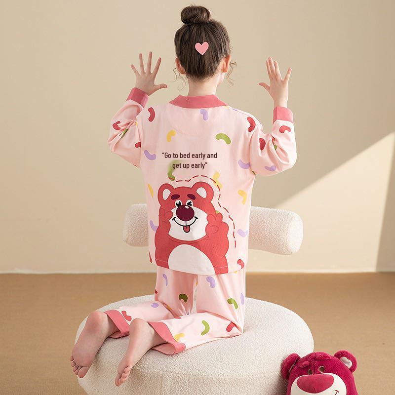 Spring & Autumn Cartoon Pajamas for Girls - Cute Long Sleeve Cardigan Set for Medium & Large Kids