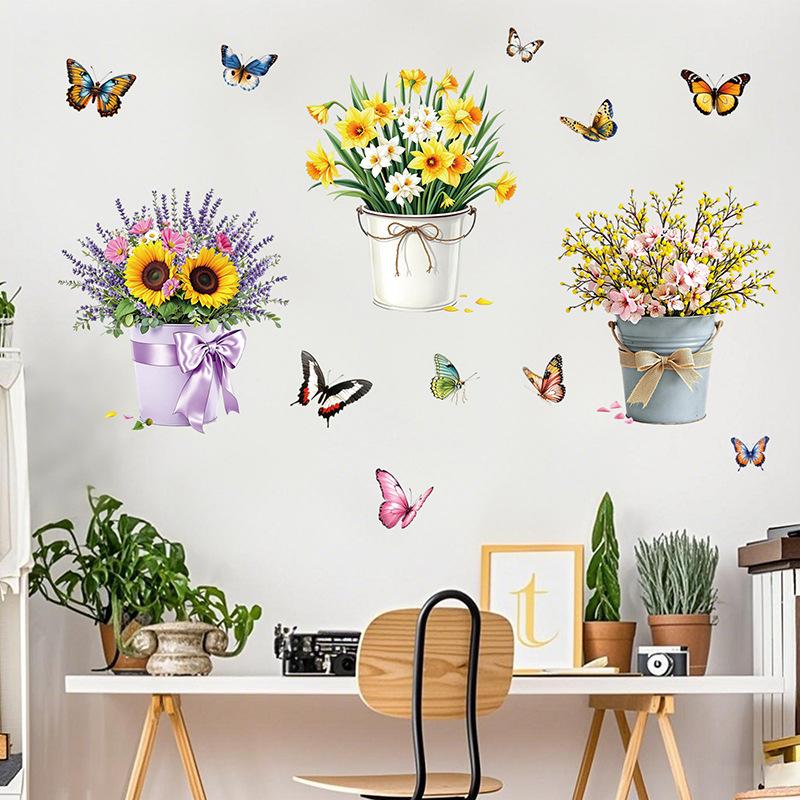 3D Wooden Barrel Wall Sticker Flower Decoration Butterfly Lavender Rose Tile Sticker Kitchen Restaurant Background Home Decor Peel and Stick