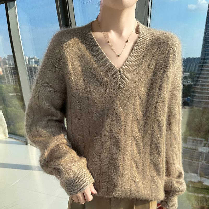 Lekasha 100% Cashmere V-Neck Loose Knit Sweater for Women - Solid Color Winter Base Layer Top