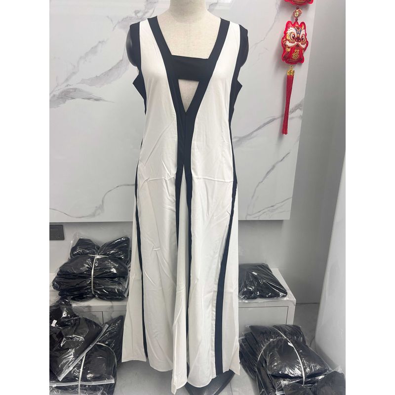 

2024 European and American Foreign Trade Women s Clothing Amazon Cross-Border Summer Sexy V-neck Wide Shoulder Strap Contrast Color Casual Dress Black and White 2XL