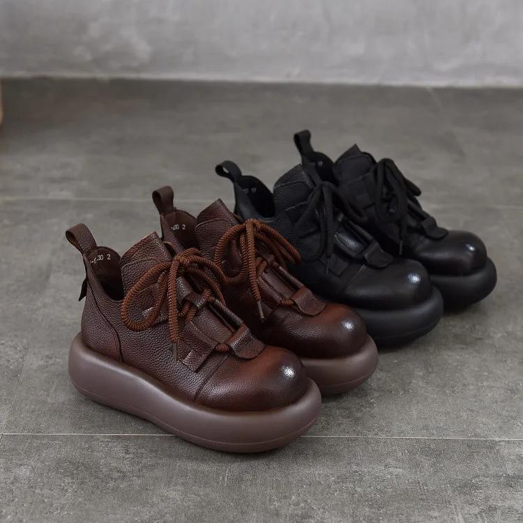 Johnature Retro Lace Up Platform Short Boots Genuine Leather Thick Soled Round Toe Women's Boots