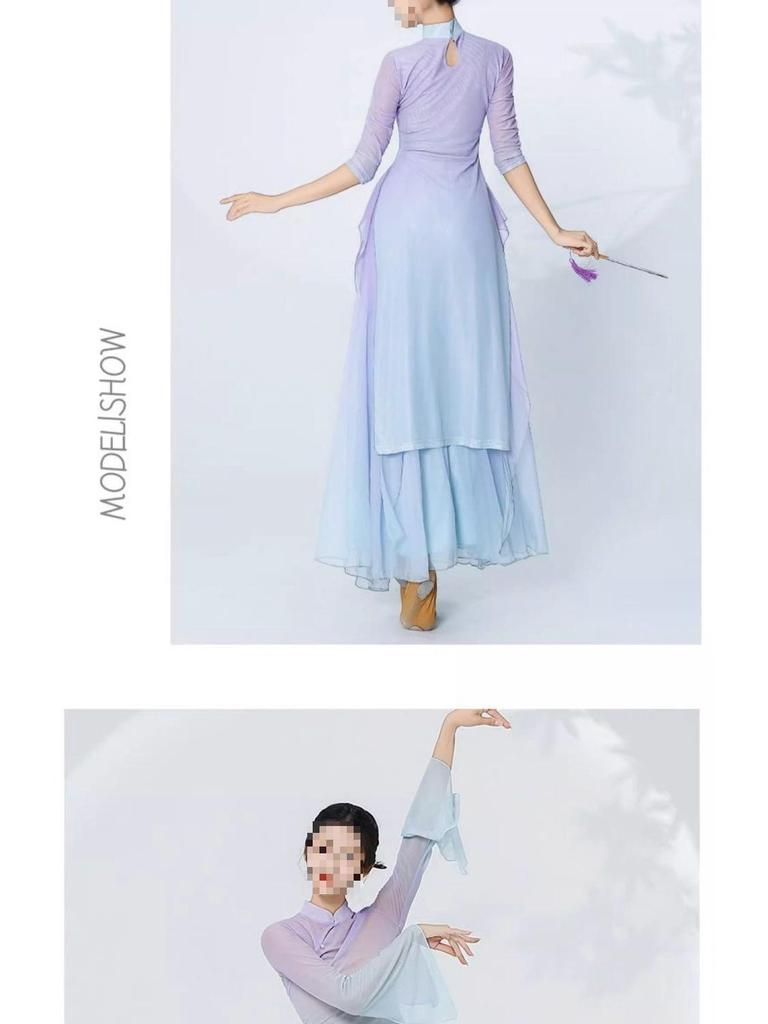 Purple Gradient Classical Dance Qipao Dress - Flowing Collar Performance Costume for Women