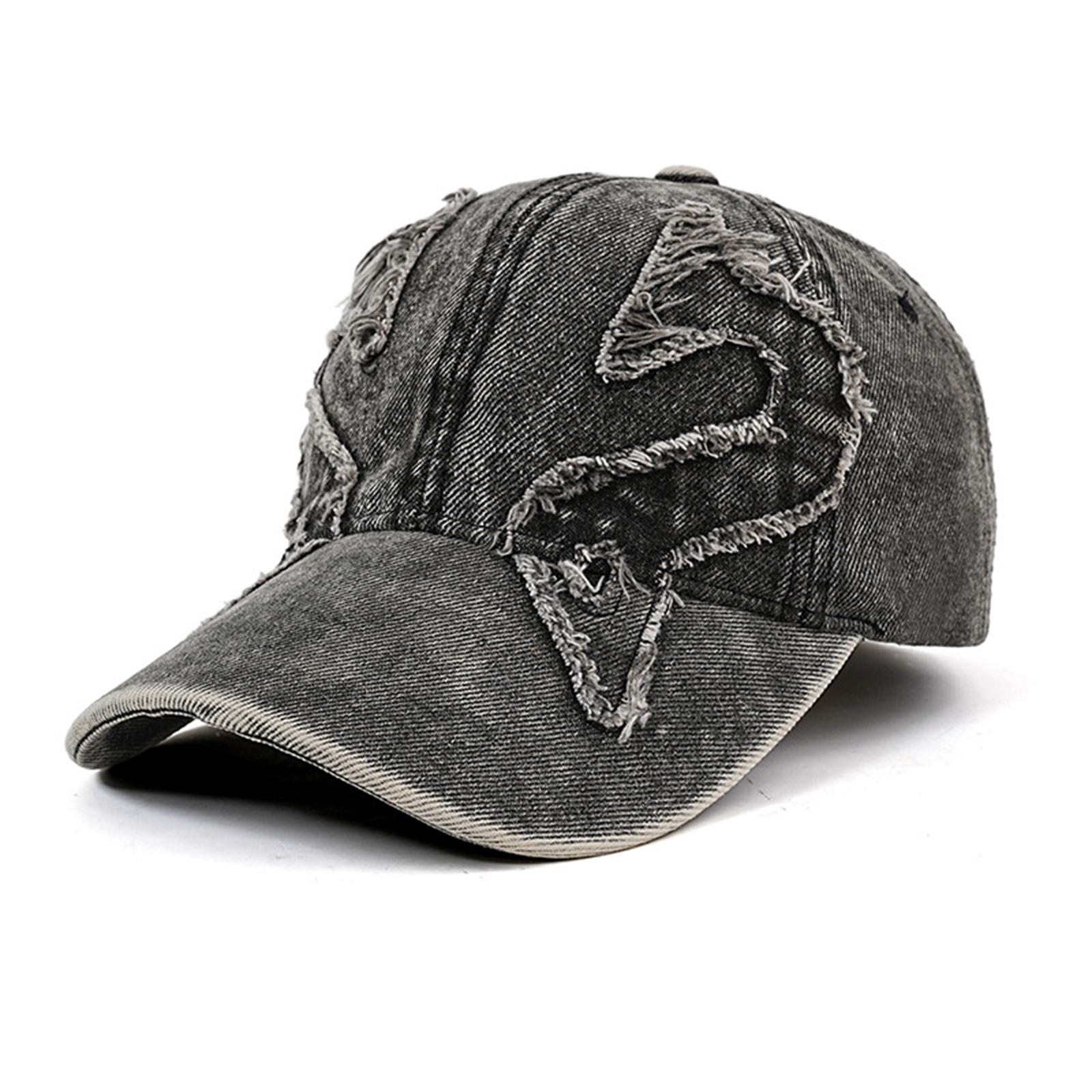 Distressed Denim Baseball Cap Adjustable Fit with Frayed Embroidered S Pattern Unisex Casual Style Hat for Daily Wear One Size чёрный