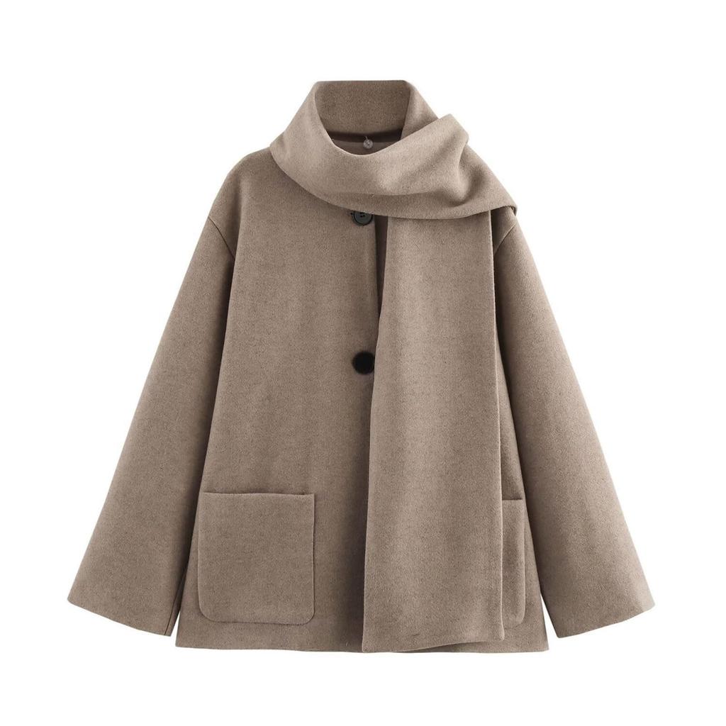 Fashionable Women's Casual Detachable Scarf Woolen Coat Jacket