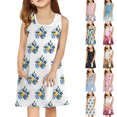 Girl Summer Dress Sleeveless Printed Color Casual Dress With Pocket