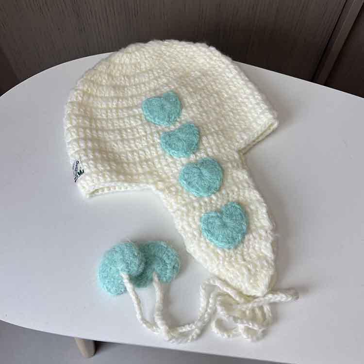 

Love Knitted Hat Student Cute Face Small Hanging Ball Wool Hat Women Travel Warm Ear Hat M（56-58cm） зелений