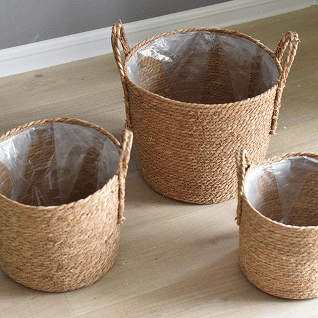 Woven Flower Pot Seagrass Plant Basket Garden Yard Greenhouse Flowerpot with Handle Potting Planting Hamper Household