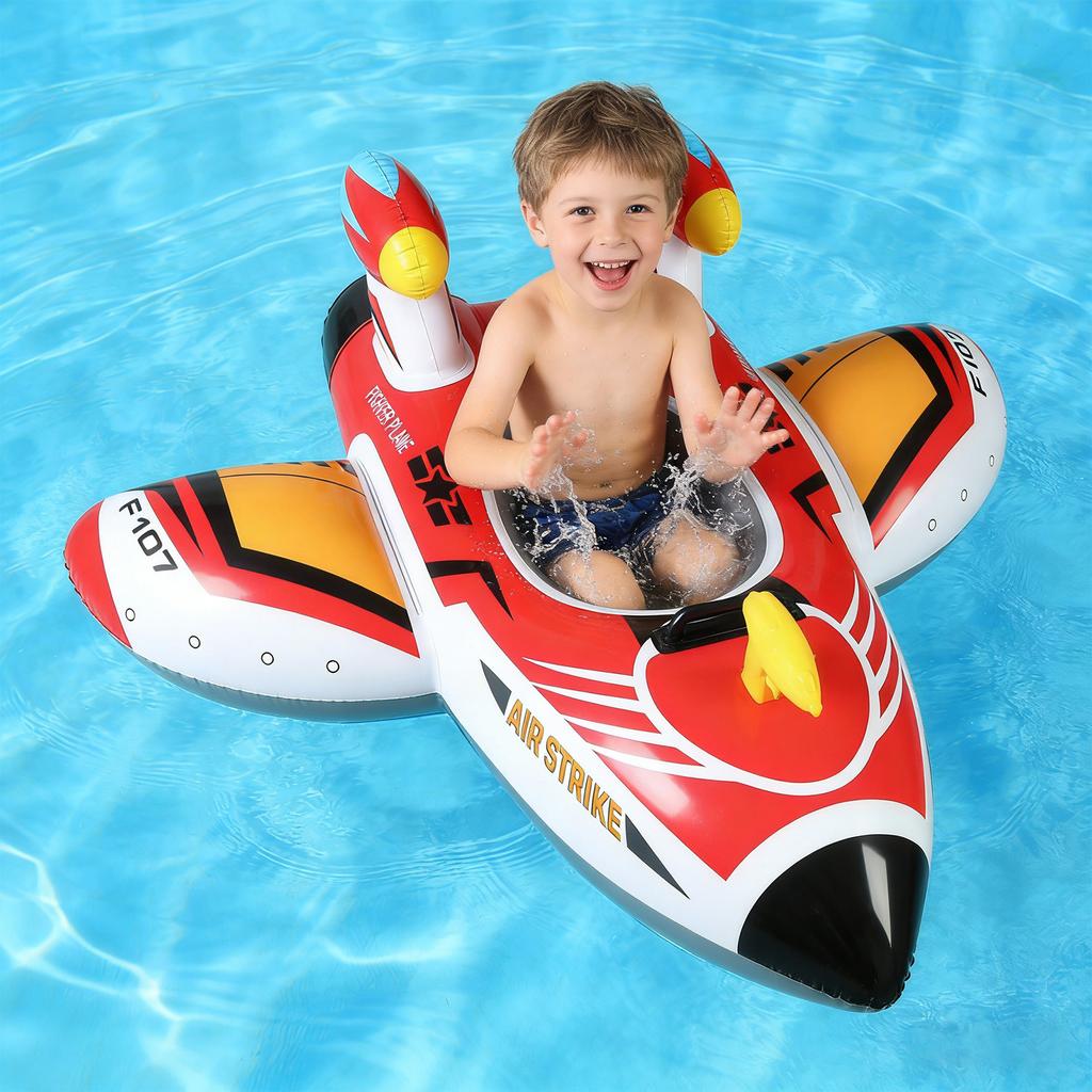 Inflatable Airplane Shaped Water Float Seat for Children Thickened Outdoor Pool Swim Ring with Steering Wheel Design for Interactive Water Activities
