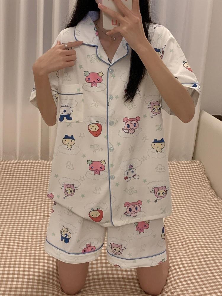 

Japanese cartoon Tuoma song pajamas women s summer blue edge short-sleeved shorts set women s casual loose loungewear S