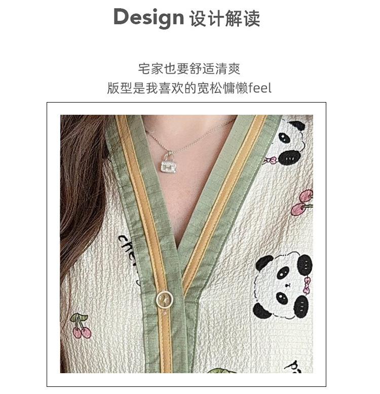 Summer Thin Bubble Cotton Yarn Cartoon Panda Soft V-neck Loose 55kg Short-sleeved Trousers Loungewear Pajamas Set Women