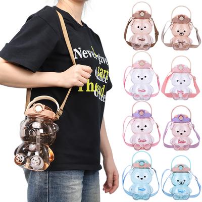 1000/1400ml Bear Water Bottle with Shoulder Strap Cute Bear Drinking Bottle Portable Travel Straw Cup for Boys Girls Daily Use