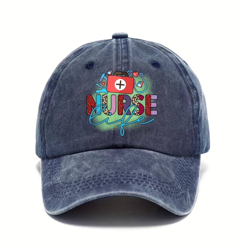 Nurse Life Print Baseball Cap Polyester Casual Adjustable Distressed Hat for Healthcare Professionals