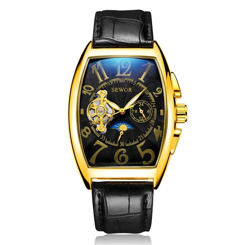Ceas SEWOR Ceasuri Luxury Tourbillon Bărbați Modă Tip Butoi Fază Lunară Secunde Mici Ceasuri de Mână Mecanice Automate Bărbați beige