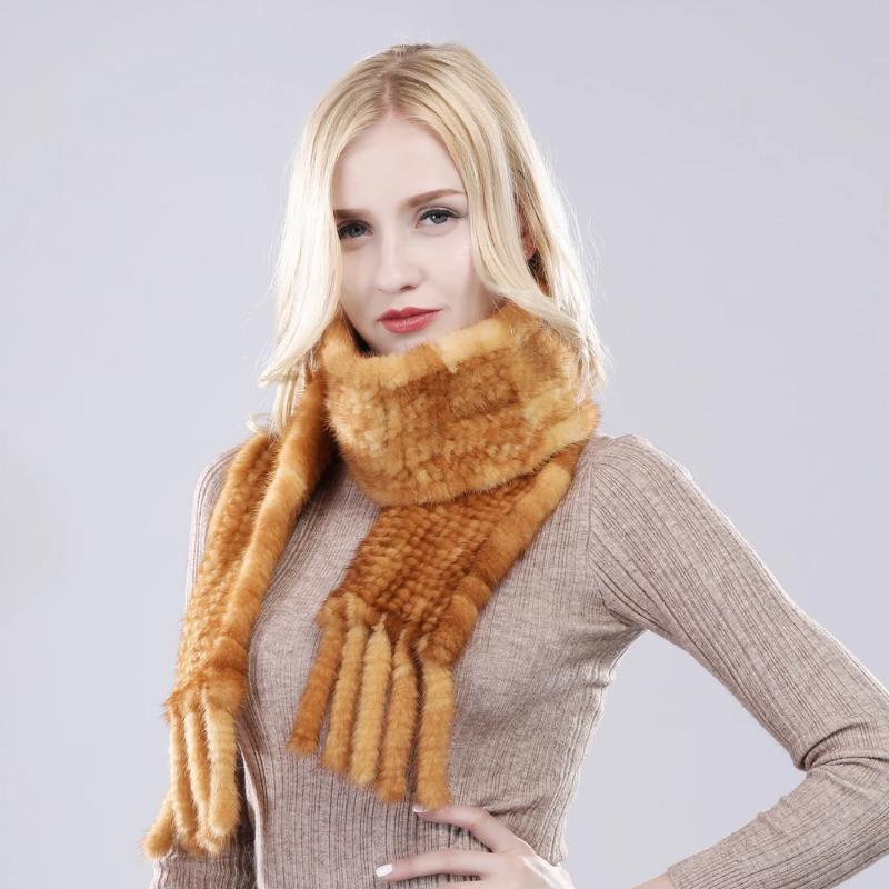 Women Hand Knitted Real Mink Fur Scarf Natural Warm Mink Fur Muffler Russia Lady Quality Tassel Genuine Mink Fur Scarves