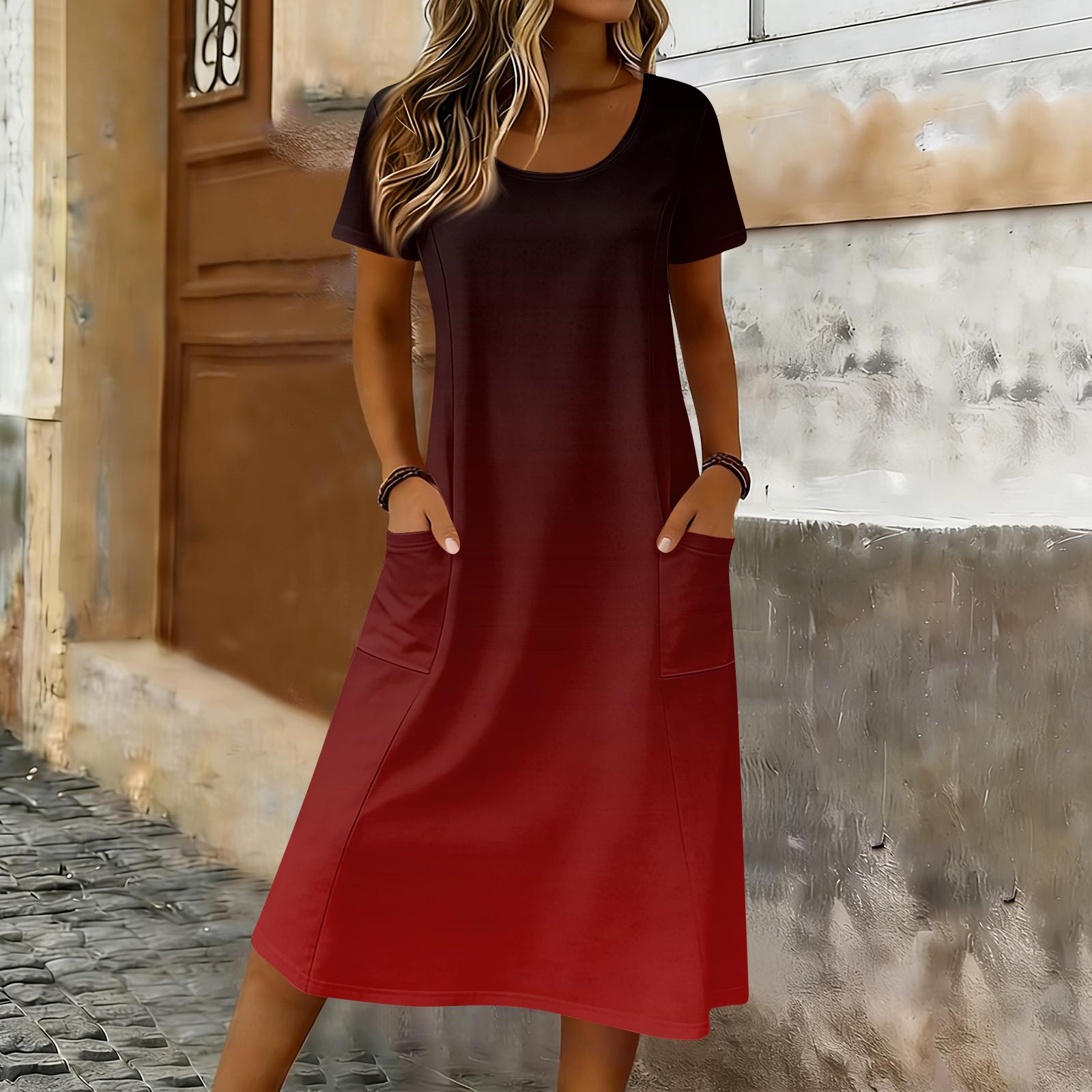 

Women s Casual Loose Round-neck Short-sleeved Pocketed Mid-length Dress XL винний