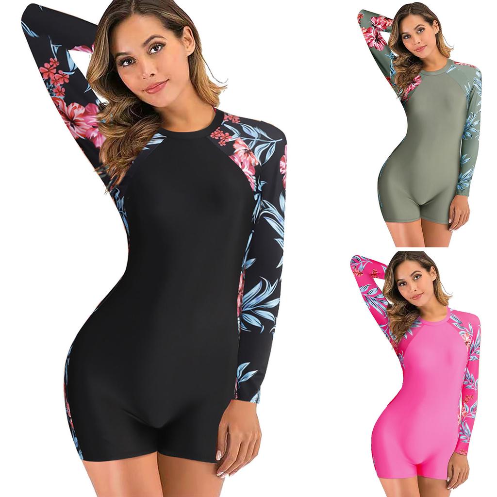 Women's Long-Sleeved Printed One-Piece Bikini With Chest Pads Without Steel Bra Swimsuit