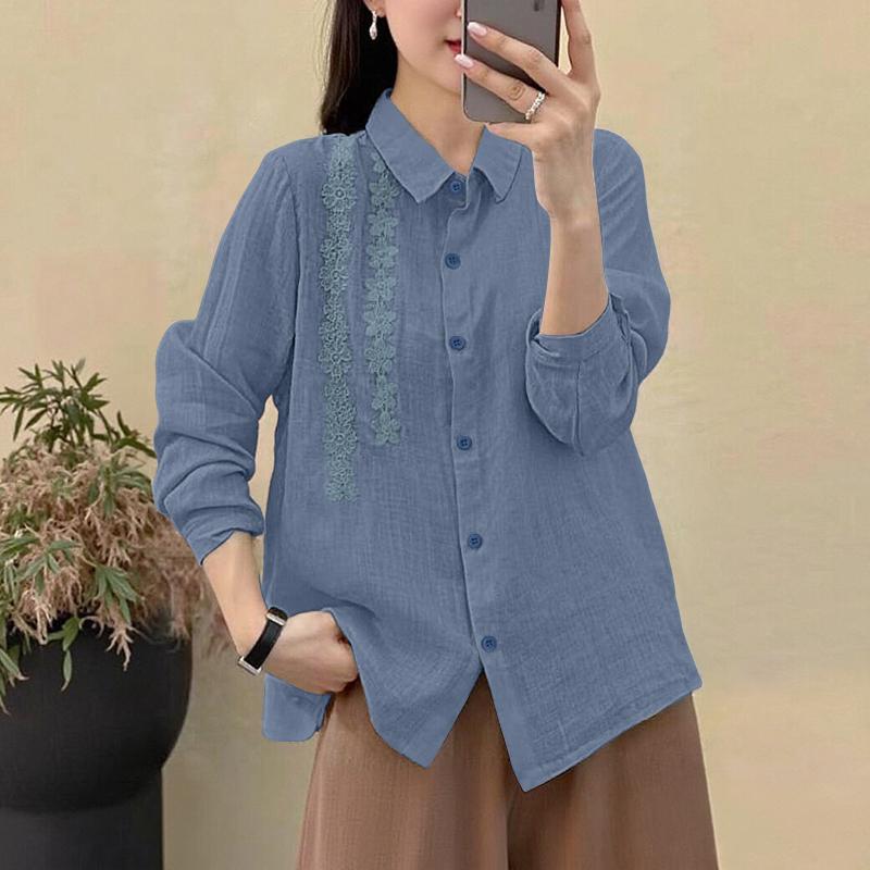 

ZANZEA Женская блузка с отложным воротником, свободного кроя, с длинными рукавами и вставками 5XL тёмно-синий