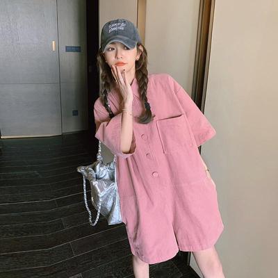 2025 Pink Short-Sleeve Summer Overalls - Women's Korean Style Slim Fit