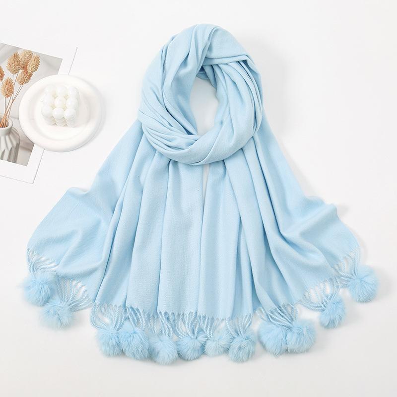 Hot-selling New Solid-color Hairball Imitation Cashmere Scarf In Autumn and Winter, Versatile Fashionable Velvet Thickened Fringed Warm Scarf