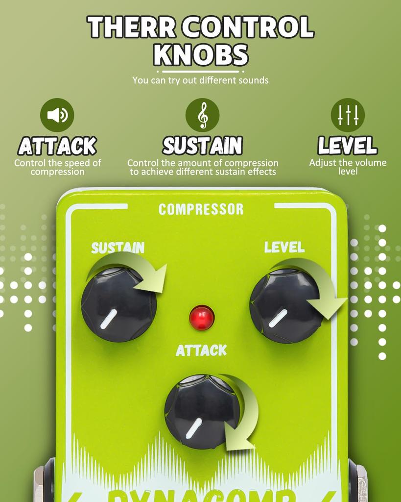 STRICH DYNACOMP Guitar Compressor Essential Pure Analog Effect Pedal for Electric Guitar True Bypass Pedal, & Bass, 3-Knob Control,