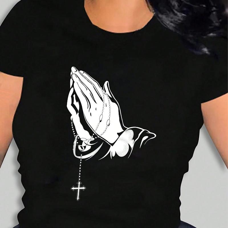 

Модна жіноча футболка з принтом пальців, смішна повсякденна футболка з круглим вирізом і короткими рукавами, літня жіноча футболка L чорний