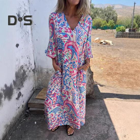 Bedrucktes Maxikleid für Damen, Frühling/Sommer, V-Ausschnitt, Boho-Urlaubskleid, lange Ärmel, lockeres Kleid mit Taschen für den Alltag, Partys, Strand