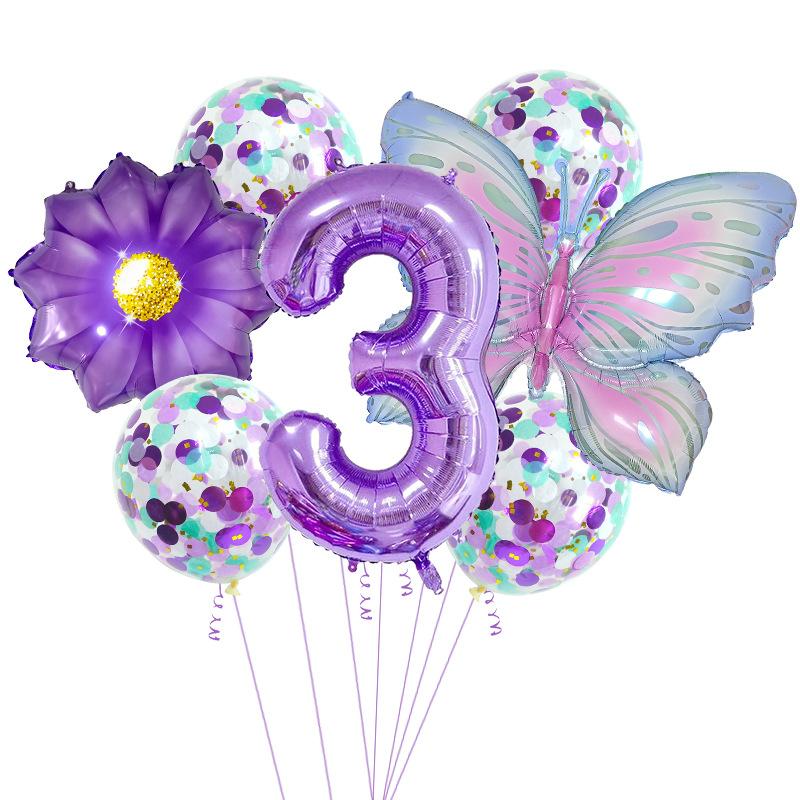 Purple And Pink Butterfly Balloon Set, Chrysanthemum Aluminum Film Confetti Balloon, Baby Rain Party Arrangement