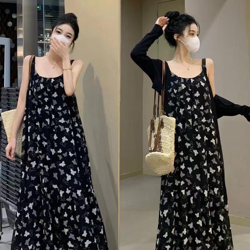 Lazy Wind Temperament Fashionable Loose Casual Butterfly Print Suspender Dress Cardigan Set Floral Two-piece Set Summer